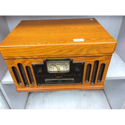 117 - A VINTAGE STYLE WOOD EFFECT STEREO SYSTEM COMPRISING OF TURNTABLE, CD, TAPE AND RADIO