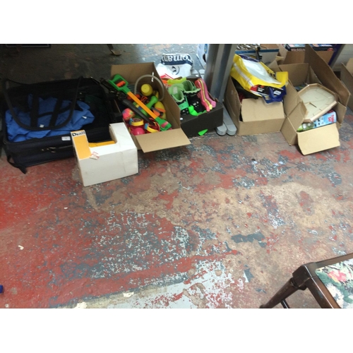 201 - FIVE BOXES AND A SUITCASE CONTAINING TOYS, CLOCKS, TRAIN SET, CLOTHING ETC