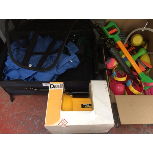 201 - FIVE BOXES AND A SUITCASE CONTAINING TOYS, CLOCKS, TRAIN SET, CLOTHING ETC