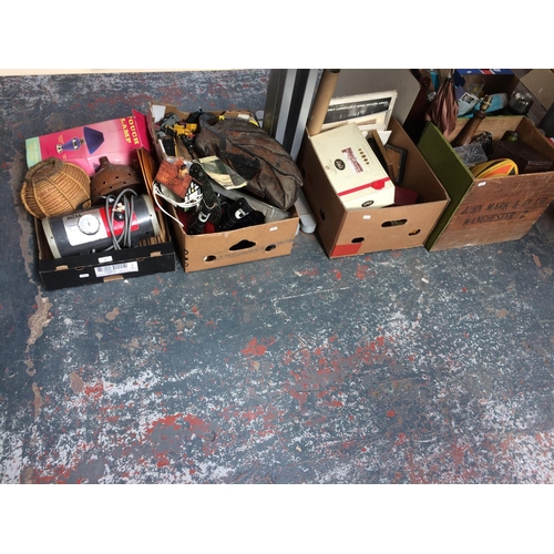 206 - FOUR BOXES CONTAINING CERAMICS, GLASSWARE, COPPER WARE, PICTURES, RECORDS ETC