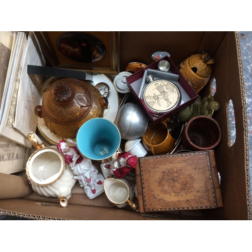 206 - FOUR BOXES CONTAINING CERAMICS, GLASSWARE, COPPER WARE, PICTURES, RECORDS ETC