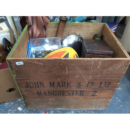 206 - FOUR BOXES CONTAINING CERAMICS, GLASSWARE, COPPER WARE, PICTURES, RECORDS ETC