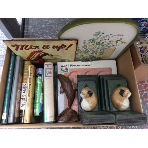 208 - FOUR BOXES CONTAINING BOOKS, STAMPS, BOOK ENDS, ADVERTISING PLAQUE, MAPS, DVD'S ETC