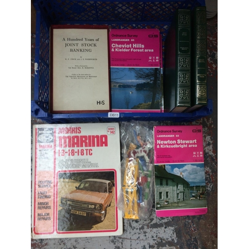 208 - FOUR BOXES CONTAINING BOOKS, STAMPS, BOOK ENDS, ADVERTISING PLAQUE, MAPS, DVD'S ETC