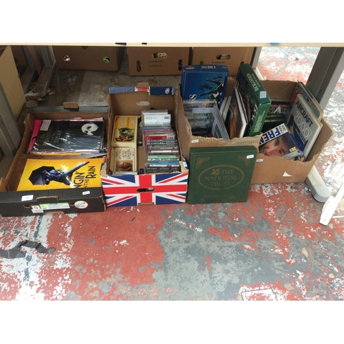 209 - FOUR BOXES CONTAINING CD'S, OPERA MAGAZINES, CHESS SET, AIRCRAFT BOOKS ETC