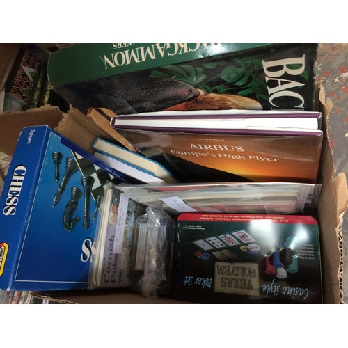 209 - FOUR BOXES CONTAINING CD'S, OPERA MAGAZINES, CHESS SET, AIRCRAFT BOOKS ETC