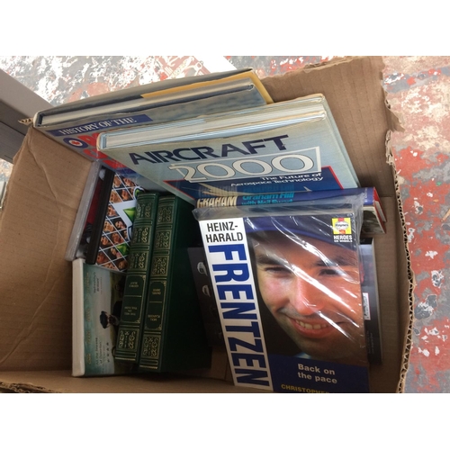 209 - FOUR BOXES CONTAINING CD'S, OPERA MAGAZINES, CHESS SET, AIRCRAFT BOOKS ETC