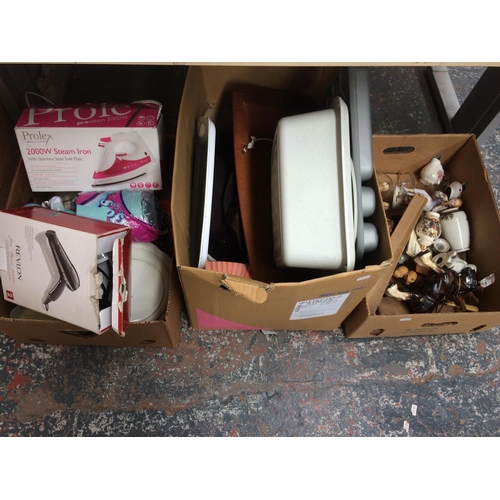 211 - THREE BOXES CONTAINING CERAMICS, GLASSWARE, ORNAMENTS, HATS ETC