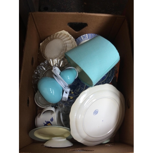 211 - THREE BOXES CONTAINING CERAMICS, GLASSWARE, ORNAMENTS, HATS ETC