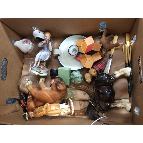 211 - THREE BOXES CONTAINING CERAMICS, GLASSWARE, ORNAMENTS, HATS ETC