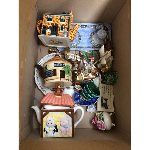 211 - THREE BOXES CONTAINING CERAMICS, GLASSWARE, ORNAMENTS, HATS ETC