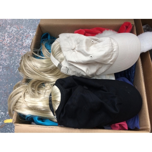 212 - THREE BOXES CONTAINING HATS, CLOTHING, BAGS, CUSHIONS ETC