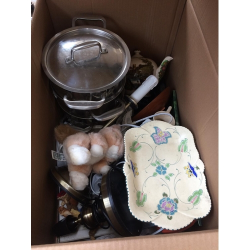 215 - FIVE BOXES CONTAINING CERAMICS, GLASSWARE, KITCHENWARE, PICTURES, BAROMETER, COAL SCUTTLE ETC