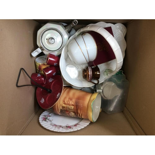 215 - FIVE BOXES CONTAINING CERAMICS, GLASSWARE, KITCHENWARE, PICTURES, BAROMETER, COAL SCUTTLE ETC