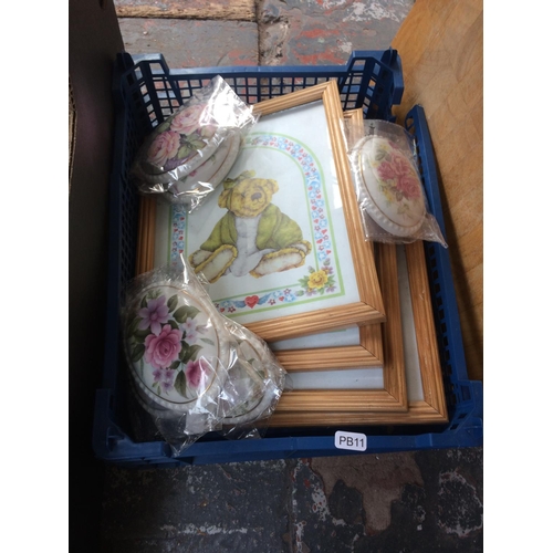 215 - FIVE BOXES CONTAINING CERAMICS, GLASSWARE, KITCHENWARE, PICTURES, BAROMETER, COAL SCUTTLE ETC