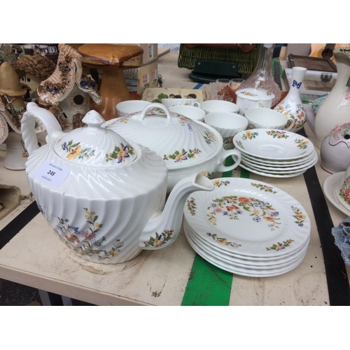 248 - A TWENTY PIECE AYNSLEY COTTAGE GARDEN TEA SET AND A GLASS DECANTER AND MATCHING GLASSES