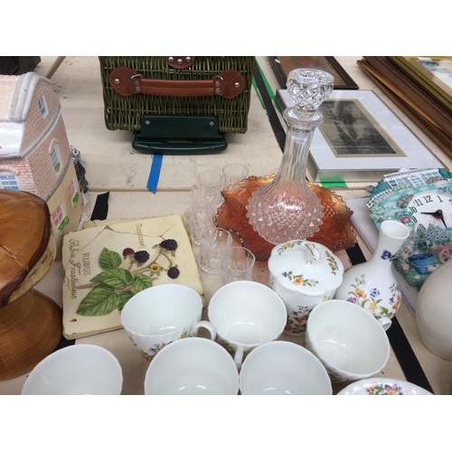 248 - A TWENTY PIECE AYNSLEY COTTAGE GARDEN TEA SET AND A GLASS DECANTER AND MATCHING GLASSES