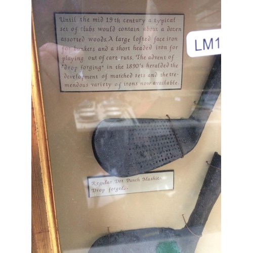 277 - A DISPLAY CASE OF GOLFING MEMORABILIA AND A PICTURE OF OLD TOM MORRIS