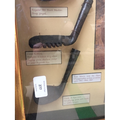 277 - A DISPLAY CASE OF GOLFING MEMORABILIA AND A PICTURE OF OLD TOM MORRIS