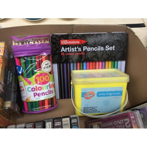 280 - A BOX CONTAINING A LARGE QUANTITY OF DVD'S AND A SELECTION OF ARTISTS PENCILS