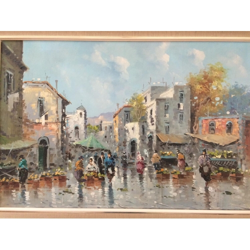 308 - A LARGE 1970'S OIL ON CANVAS OF A PARISIAN SCENE AND A HORSE PICTURE