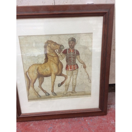 308 - A LARGE 1970'S OIL ON CANVAS OF A PARISIAN SCENE AND A HORSE PICTURE