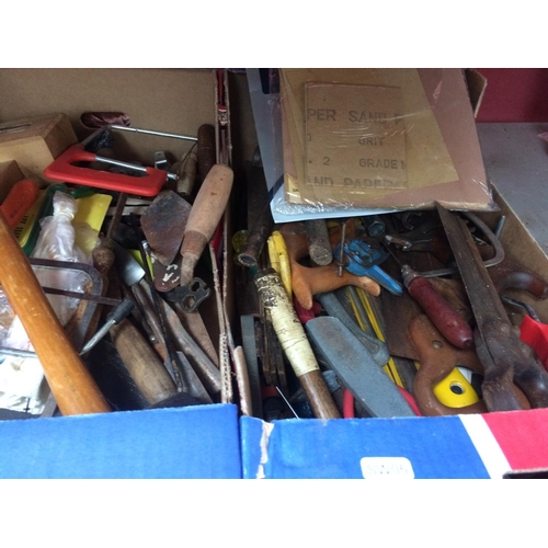 56 - THREE MIXED BOXES OF TOOLS TO INCLUDE VINTAGE SAWS, MINIATURE VICE, PAINT BRUSHES, TROWELS, RUBBER M... 