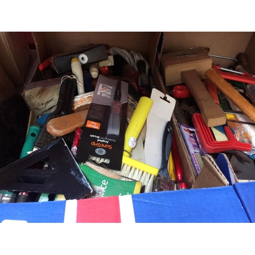 56 - THREE MIXED BOXES OF TOOLS TO INCLUDE VINTAGE SAWS, MINIATURE VICE, PAINT BRUSHES, TROWELS, RUBBER M... 