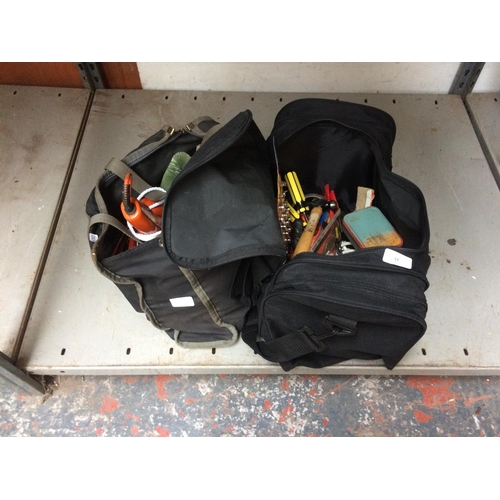 57 - TWO BAGS CONTAINING DRAPER SCREWDRIVERS, EXTENSION LEAD, BLACK AND DECKER ELECTRIC DRILL, TAPE MEASU... 