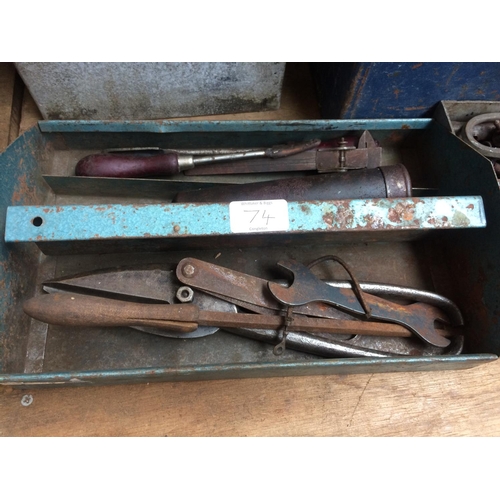 74 - TWO METAL TOOL BOXES CONTAINING BRITOOL AND GORDON SOCKETS, BRITOOL 1/2 INCH DRIVE RATCHET, KING DIC... 