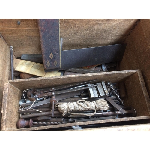 77 - TWO JOINERS TOOL BOXES AND A WOODEN BOX CONTAINING LARGE WOODEN MALLET, DRAPER CORNER CLAMPS, FILES,... 