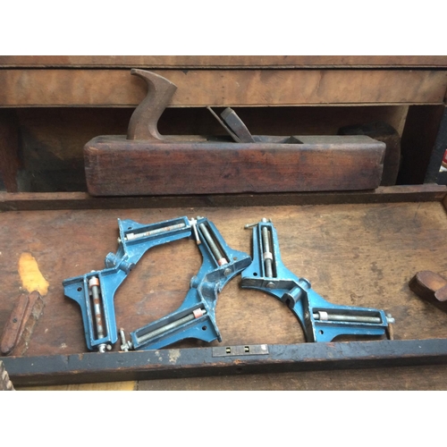 77 - TWO JOINERS TOOL BOXES AND A WOODEN BOX CONTAINING LARGE WOODEN MALLET, DRAPER CORNER CLAMPS, FILES,... 