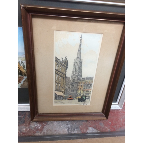 308E - FOUR MIXED PICTURES TO INCLUDE A WATERCOLOUR OF A CHURCH, PRINT OF A CHURCH, WATERCOLOUR OF A CASTLE... 