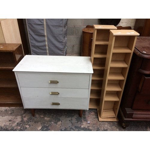 336 - NINE ITEMS TO INCLUDE AN OAK BOOKCASE WITH GLASS SLIDING DOORS, WHITE PAINTED CHEST OF THREE DRAWERS... 