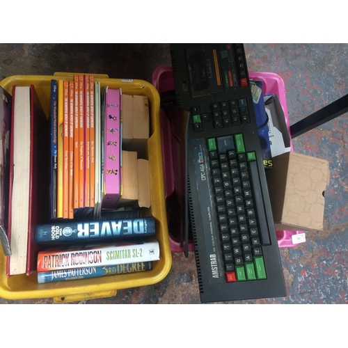 112 - SEVEN MIXED BOXES: VINTAGE AMSTRAD CPC464 COMPUTER, BOOKS, DVD'S, POTTERY ORNAMENTS, ETC.