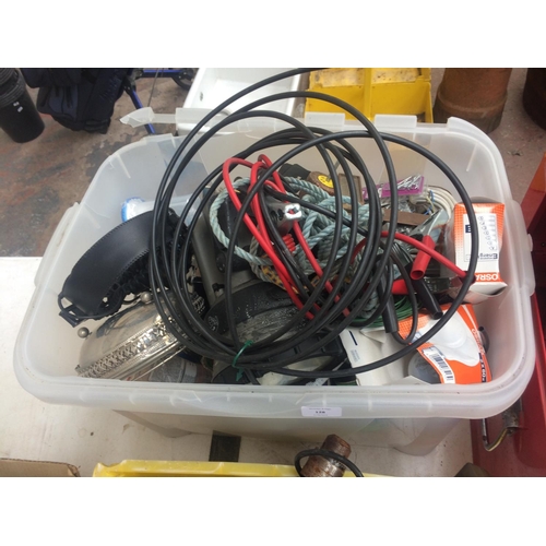 128 - BOX CONTAINING: CAR JUMP LEADS, LARGE SPOT LIGHTS, VINTAGE HEADPHONES, LIGHT BULBS, LETTER STENCILS,... 