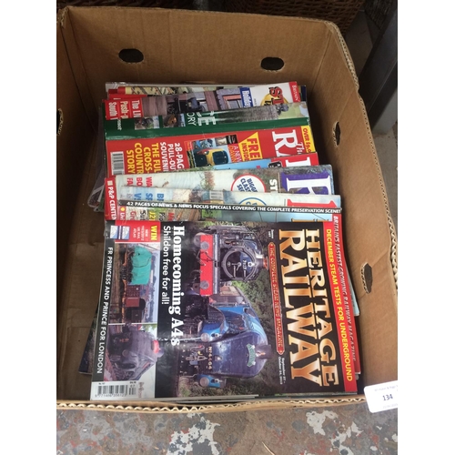 134 - SIX MIXED BOXES: RAILWAY MAGAZINES, DVD'S WOOLWORTHS ELECTRIC HAMMER DRILL, SOFT TOYS, BOOKS, ETC.