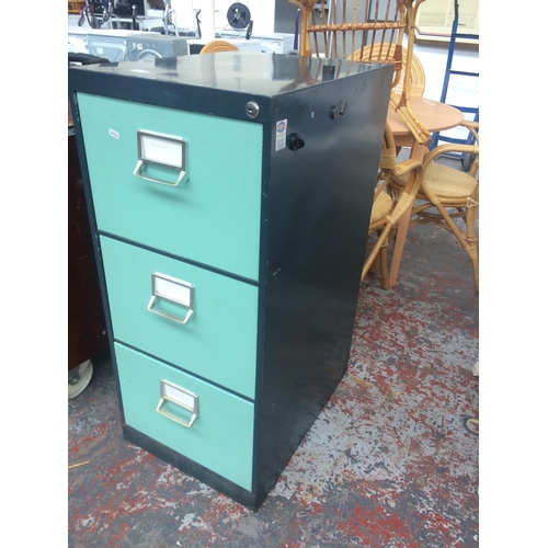 18 - A TWO TONE BLUE THREE DRAWER METAL OFFICE FILING CABINET