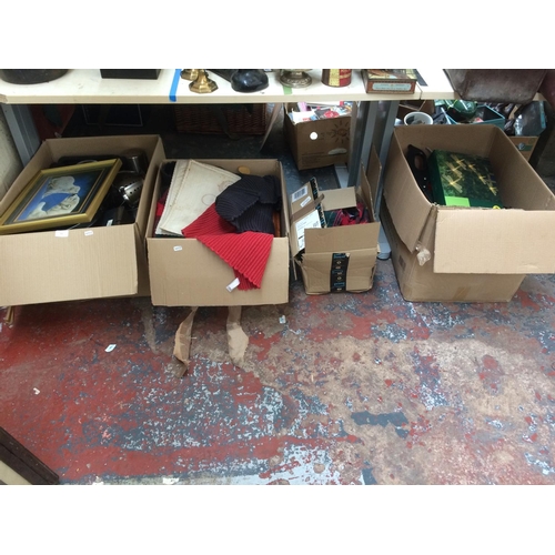 351 - FOUR BOXES CONTAINING MIXED ITEMS TO INCLUDE: KITCHENALIA, FRAMED PRINTS, MIXED GLASSWARE, DRAGONFLY... 