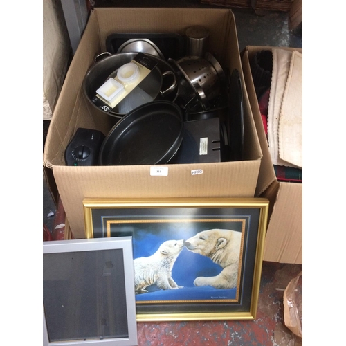 351 - FOUR BOXES CONTAINING MIXED ITEMS TO INCLUDE: KITCHENALIA, FRAMED PRINTS, MIXED GLASSWARE, DRAGONFLY... 