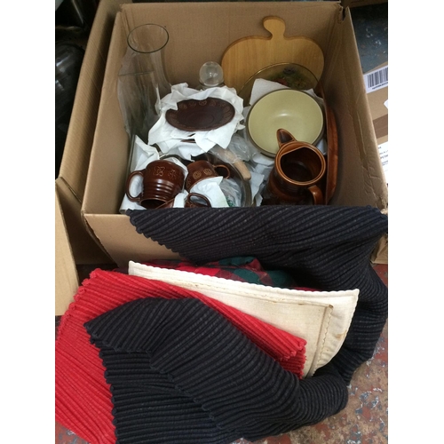 351 - FOUR BOXES CONTAINING MIXED ITEMS TO INCLUDE: KITCHENALIA, FRAMED PRINTS, MIXED GLASSWARE, DRAGONFLY... 