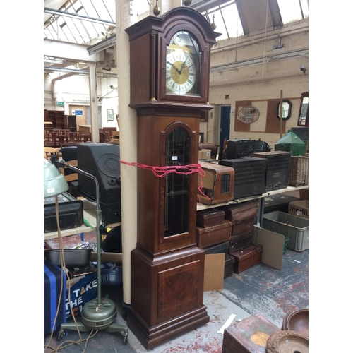 358 - ANTIQUE STYLE BURR WALNUT GRANDFATHER CLOCK WITH BRASS FACE AND FINIALS