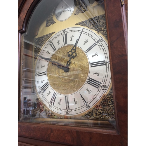 358 - ANTIQUE STYLE BURR WALNUT GRANDFATHER CLOCK WITH BRASS FACE AND FINIALS