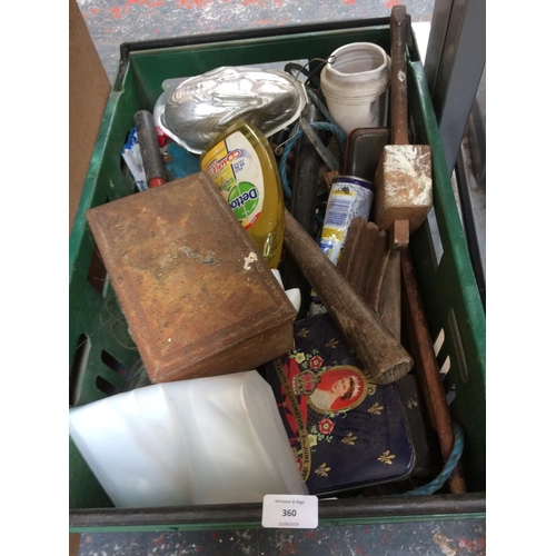 360 - THREE BOXES CONTAINING MIXED CHINA, VINTAGE JELLY MOULDS, VINTAGE HAND TOOLS, CORONATION WARE, ETC.