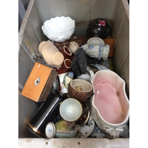 360 - THREE BOXES CONTAINING MIXED CHINA, VINTAGE JELLY MOULDS, VINTAGE HAND TOOLS, CORONATION WARE, ETC.