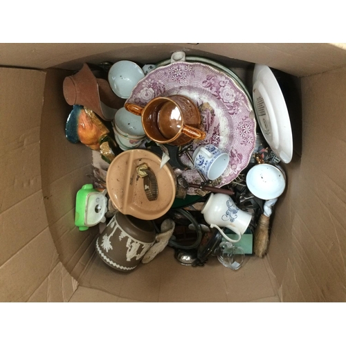 360 - THREE BOXES CONTAINING MIXED CHINA, VINTAGE JELLY MOULDS, VINTAGE HAND TOOLS, CORONATION WARE, ETC.