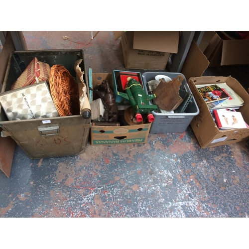 361 - FOUR BOXES CONTAINING MIXED ITEMS TO INCLUDE: THUNDERBIRDS FIGURE, VINTAGE LEATHER HORSE, CLOCK, WIC... 