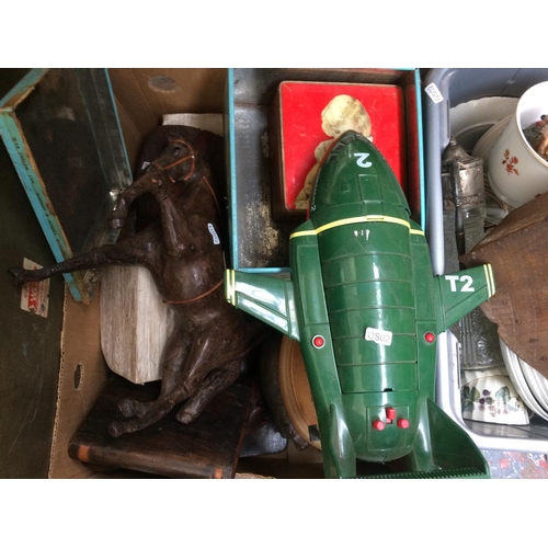 361 - FOUR BOXES CONTAINING MIXED ITEMS TO INCLUDE: THUNDERBIRDS FIGURE, VINTAGE LEATHER HORSE, CLOCK, WIC... 