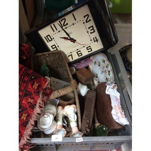 365 - THREE BOXES CONTAINING MIXED ITEMS TO INCLUDE: WICKER BASKET, 1970's METRO NEWGATE CLOCK, METAL WARE... 