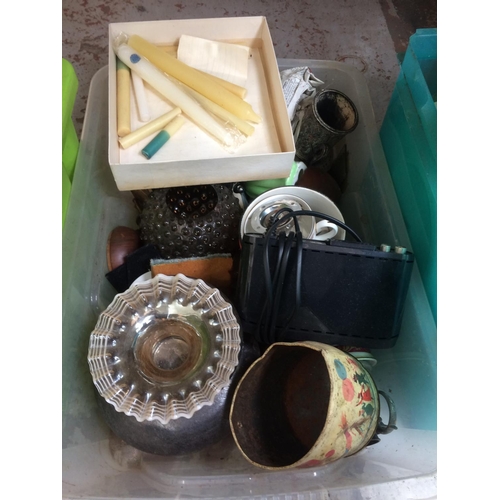 366 - THREE BOXES AND WICKER LAUNDRY BASKET CONTAINING MIXED CHINA, VINTAGE BOOKS,  TRUCKER CASE, ETC.